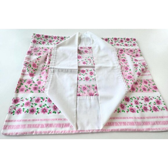 Vintage 70s pillowcase, pink cabbage roses, floral striped, single casing - Picture 4 of 6